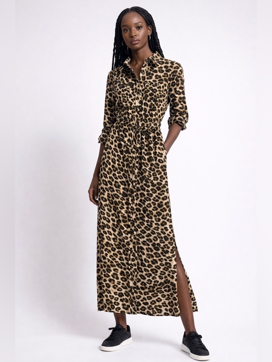 New York & Company Dresses & Skirts - NY&Co Leopard Print Maxi Shirt Dress - Tan/Black